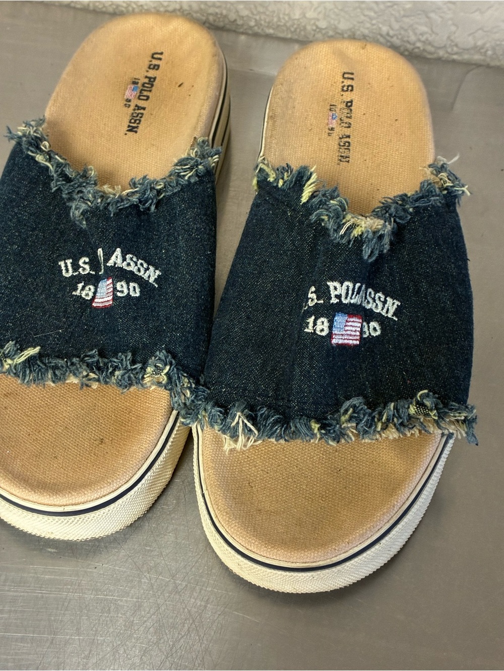 U.S. Polo Assn. Denim Frayed Slide Sandals in Navy and Tan